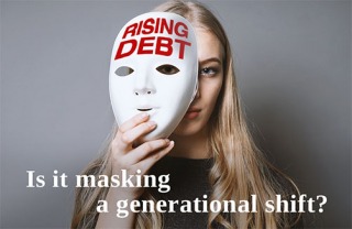 Young woman holding a mask, covering half her face. The mask says rising debt. 
