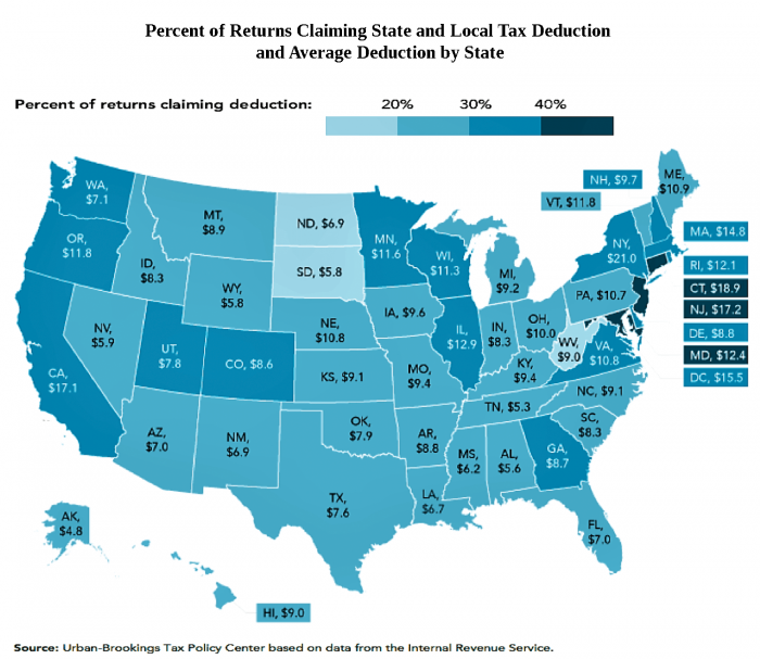 map: percentage of returns claiming state and local tax deduction and average deduction by state