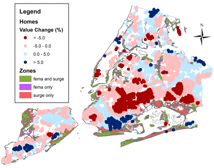 graph: estimated price changes (%) for one and two family homes from hurricane sandy “shocks.”