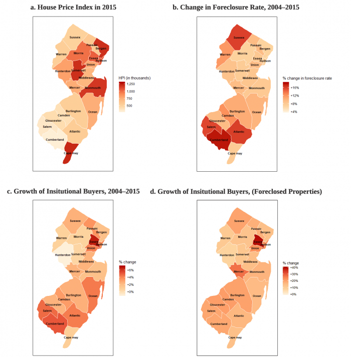 Two heat maps of NJ depicting HPI in 2015 and the Change in Foreclosure rate from 2004 - 2015