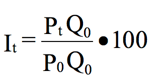 Equation: I subscript t = (P subscript t Q subscript 0 divided by P subscript 0 Q subscript 0 ) multiplied by 100